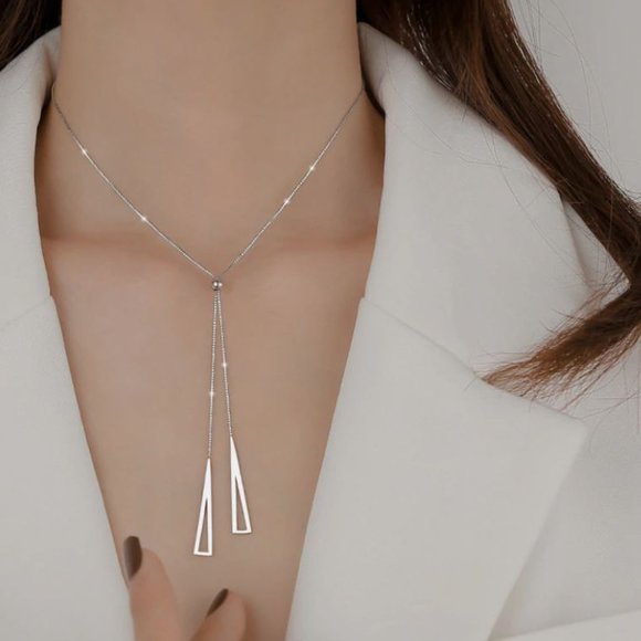 925 Sterling Silver Triangle Drop Necklace - Picture 3 of 5